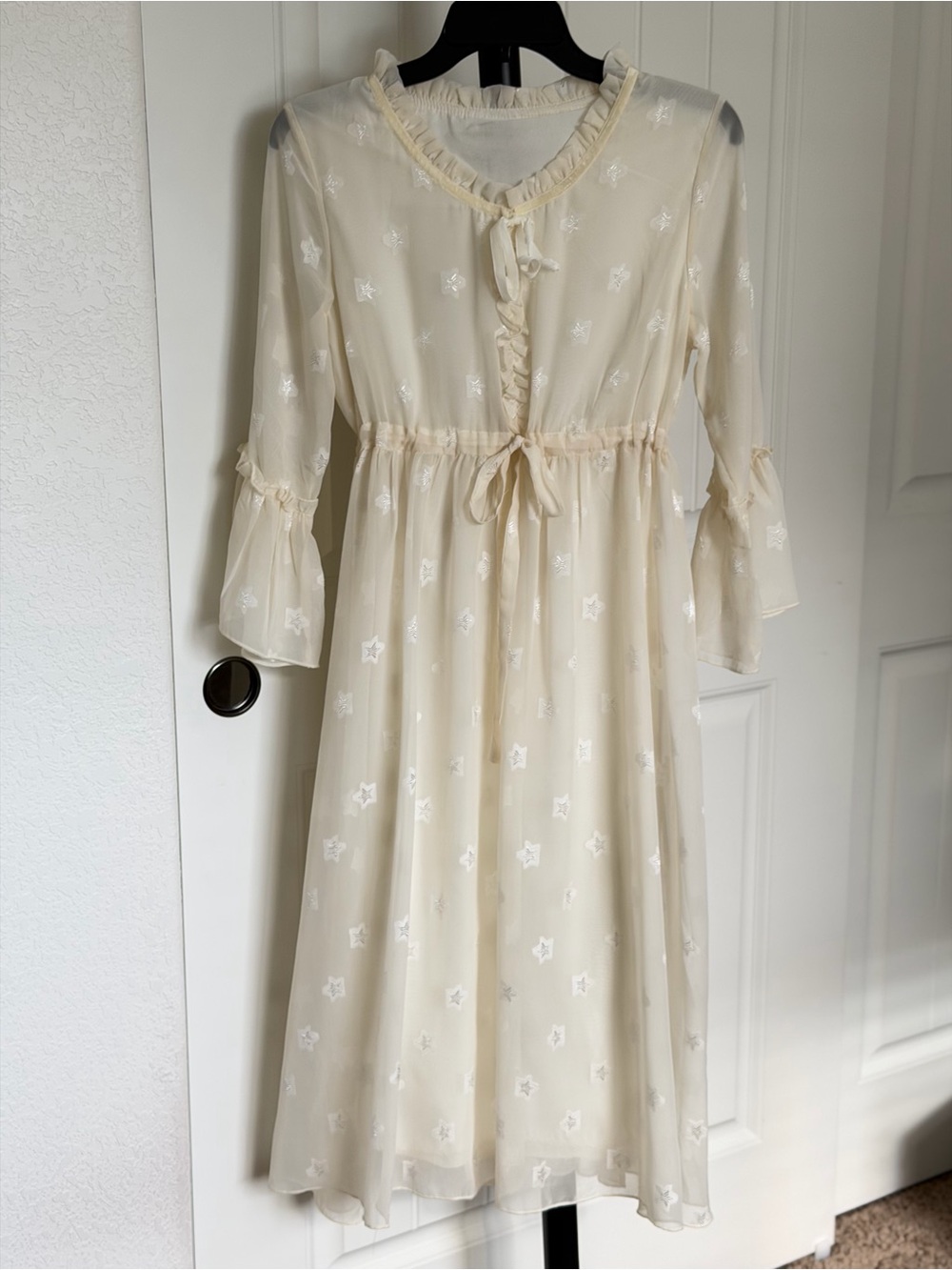 Cream Star-Print Midi Dress with Ruffle Trim